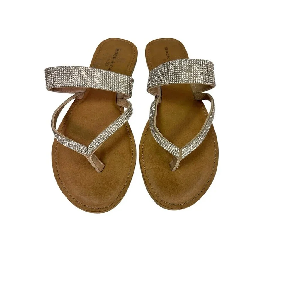 Rock & Candy by Zigi Slide Sandals Womens 7.5 Beige/Tan Rhinestone Thong Flat
